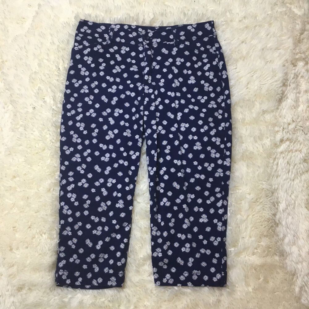 Navy blue daisy capri pants cotton summer casual cottagecore waist 30"-31" 8/M